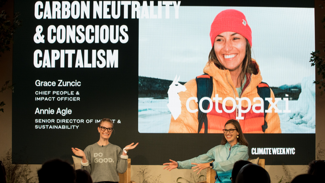 Grace Zuncic and Annie Agle on stage at The Climate Pledge Summit.