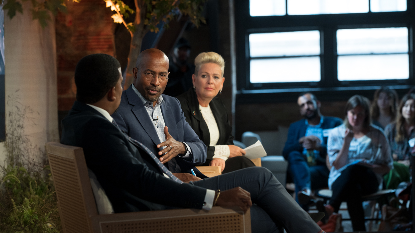 Van Jones, Halla Tomasdottir, and Gilbert Campbell on stage at The Climate Pledge Summit.